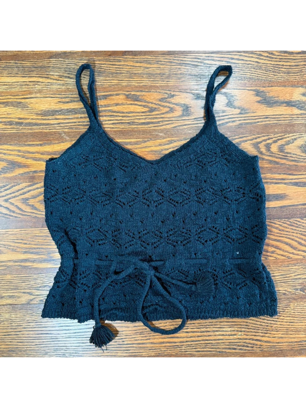 SO Good For Life Black Crochet Knit Crop Top Cami/Tank Tie Waist Size Small